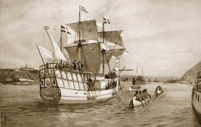 Die Feierlichkeiten in Quebec, 1908: Champlains Schiff nähert sich der Stadt von Amedee Forestier